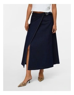 Calista High Waisted Denim Skirt in Dark Blue Denim