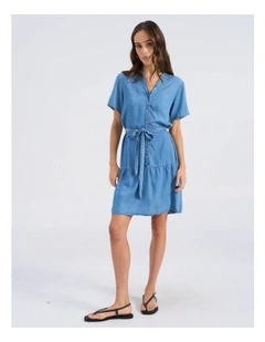 Fleur Buttoned Mini Dress in Medium Blue Denim