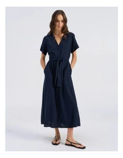 Roseline Tie Waist Midi Dress in Navy