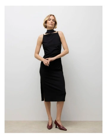 Sage Boatneck Midi Dress in Black