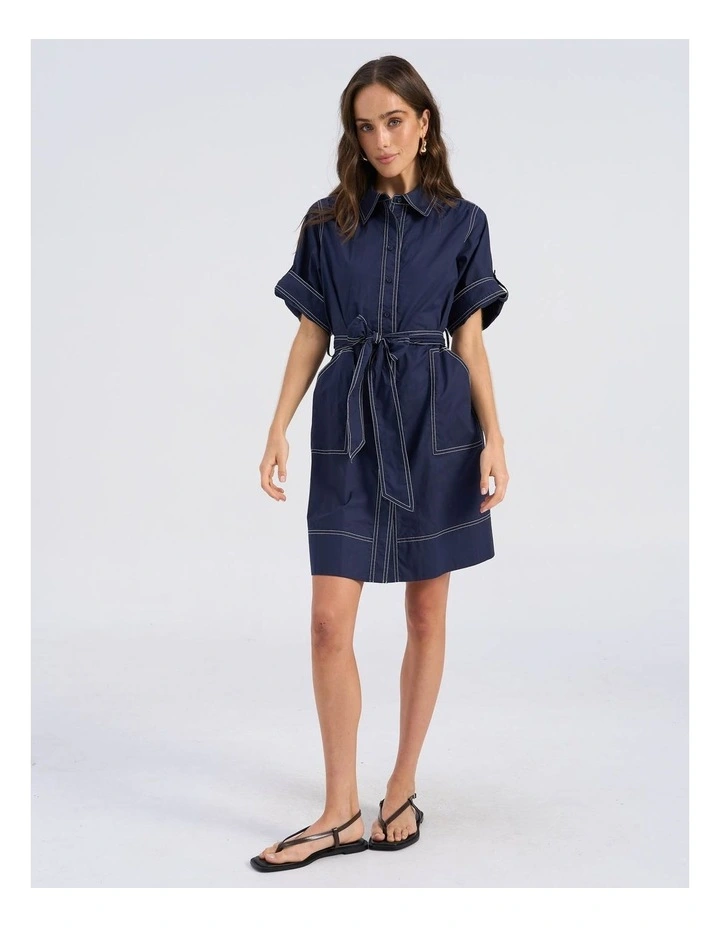 Ivy Contrast Cotton Shirt Dress in Dark Denim image 1