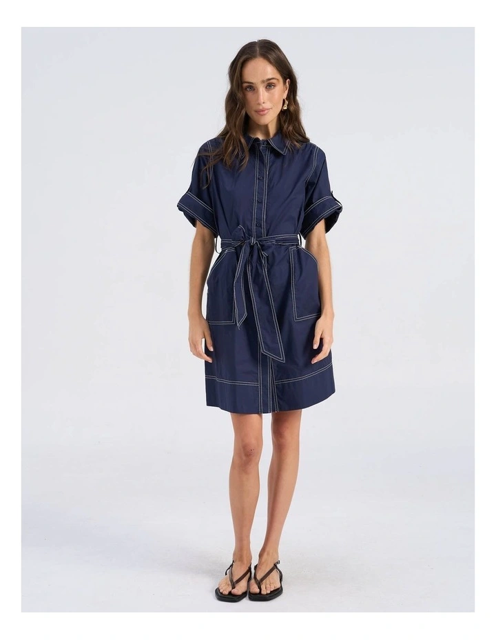 Ivy Contrast Cotton Shirt Dress in Dark Denim image 3