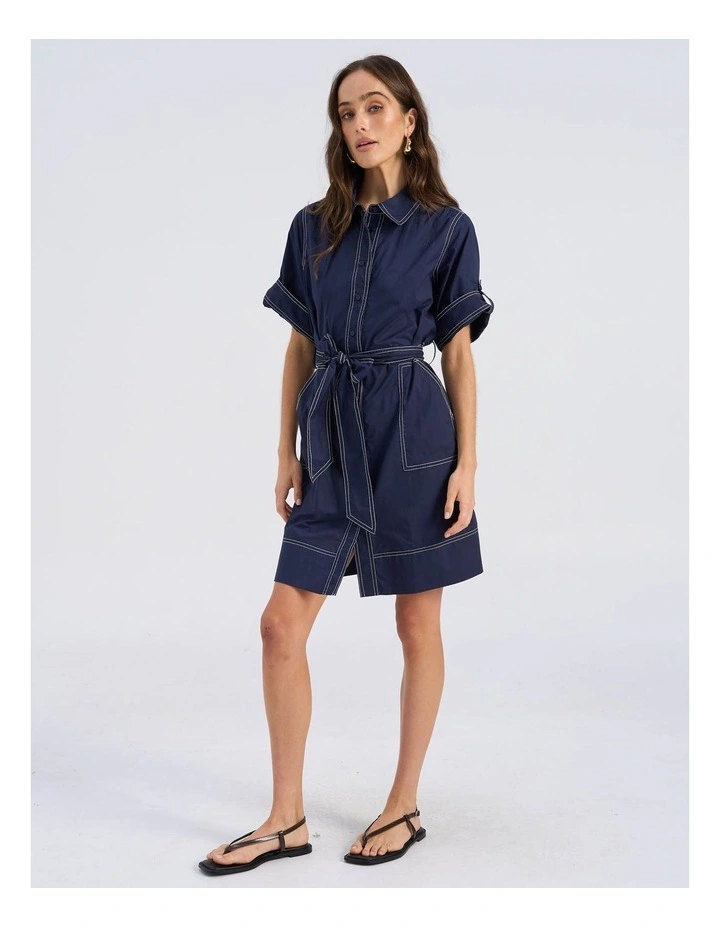 Ivy Contrast Cotton Shirt Dress in Dark Denim image 4