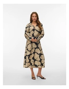 Lucy Iben Long Sleeve Printed Midi Dress in Black