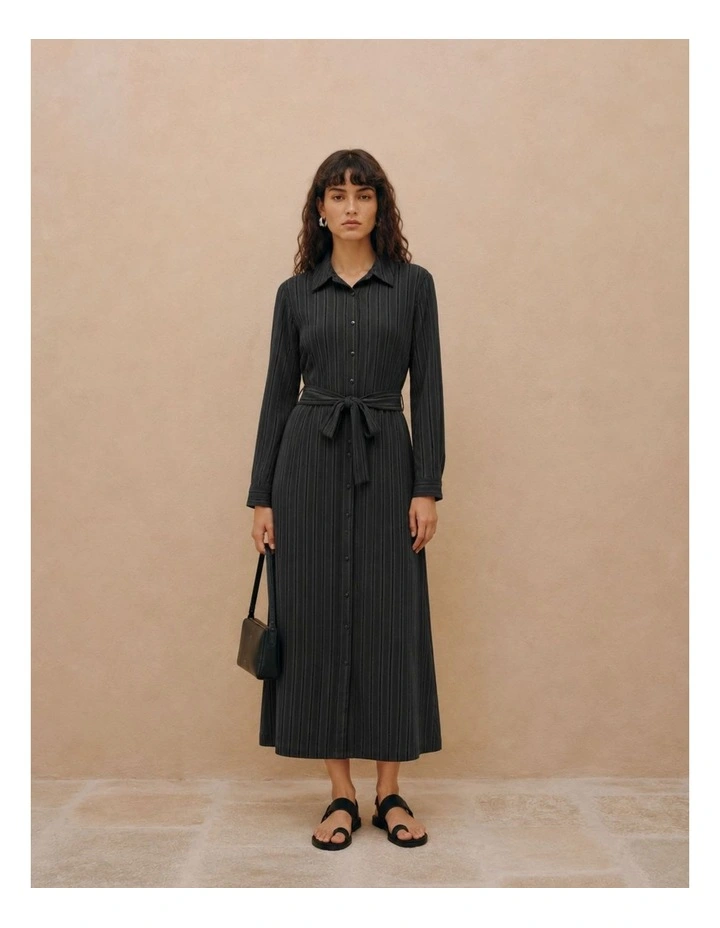 Gilma Long Sleeve Tie Midi Dress in Black image 1