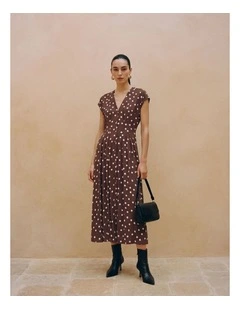 Elisa Pleated Polka Dot Midi Dress in Chocolate