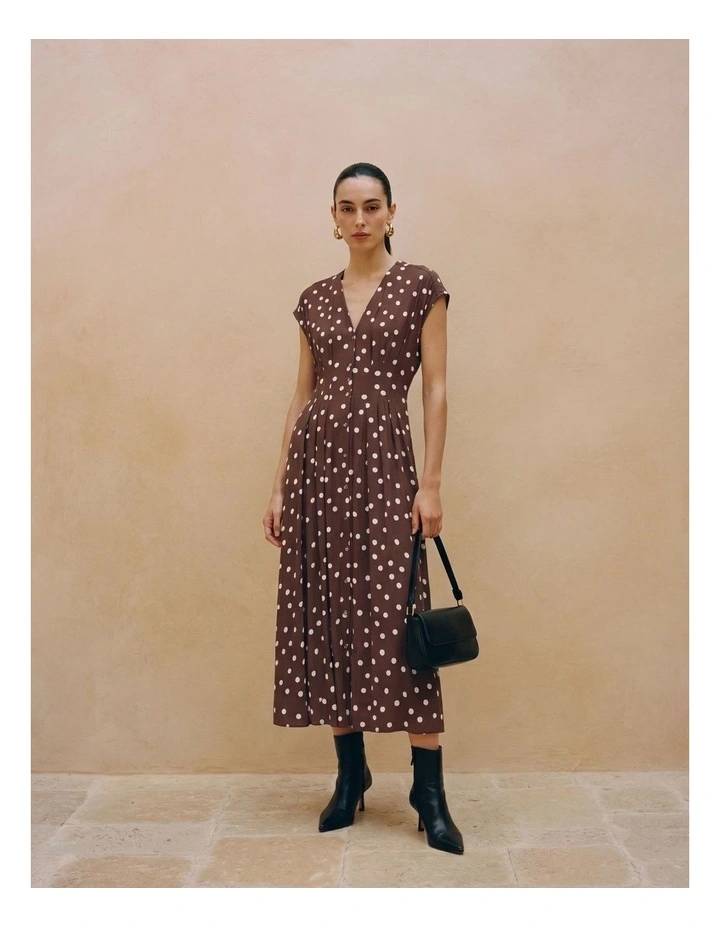 Elisa Pleated Polka Dot Midi Dress in Chocolate image 1
