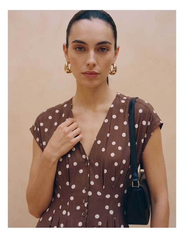 Elisa Pleated Polka Dot Midi Dress in Chocolate image 2