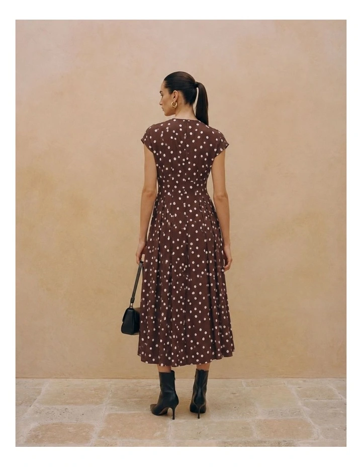 Elisa Pleated Polka Dot Midi Dress in Chocolate image 3
