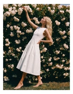 Tabia Pleated Midi Dress in White