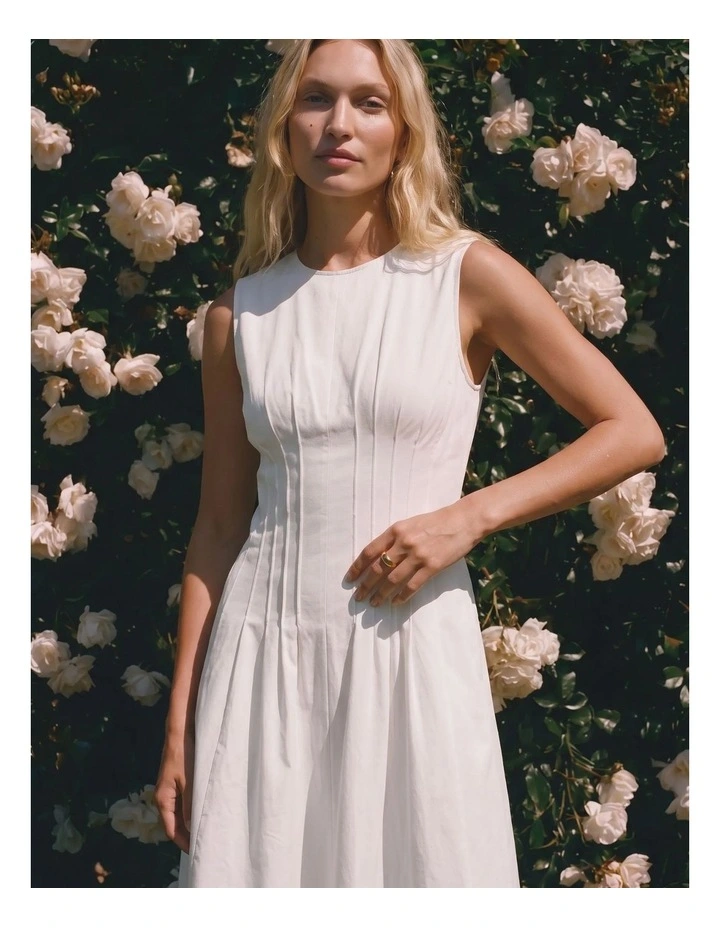 Tabia Pleated Midi Dress in White image 2