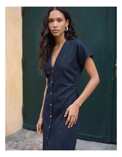 Annie Buttoned Midi Dress in Dark Blue Denim
