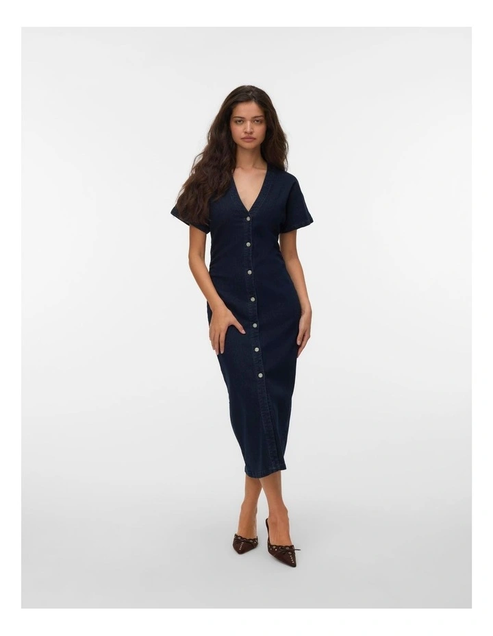 Annie Buttoned Midi Dress in Dark Blue Denim image 3