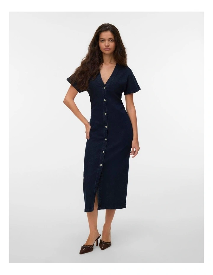Annie Buttoned Midi Dress in Dark Blue Denim image 4