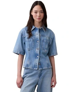 Short Sleeve Cinched Waist Shirt in Med Adeline