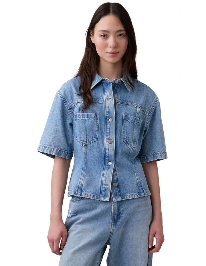 Short Sleeve Cinched Waist Shirt in Med Adeline image 1