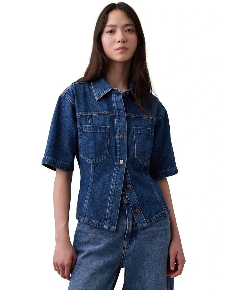 Shortsleeve Cinched Waist Shirt in Blue image 1