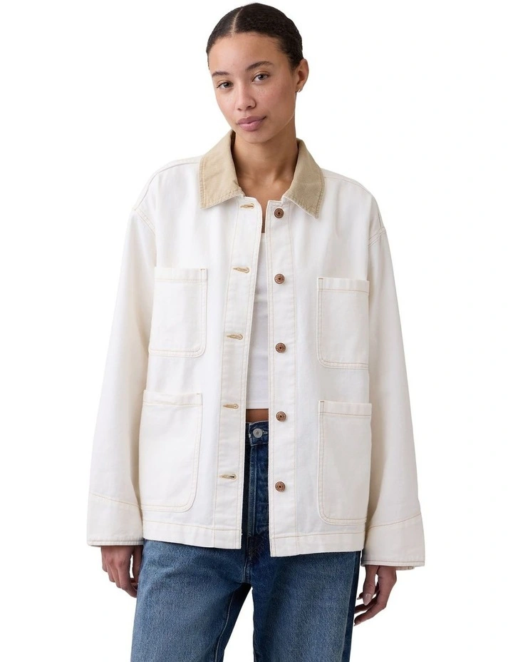 Relaxed Denim Chore Jacket in White image 1