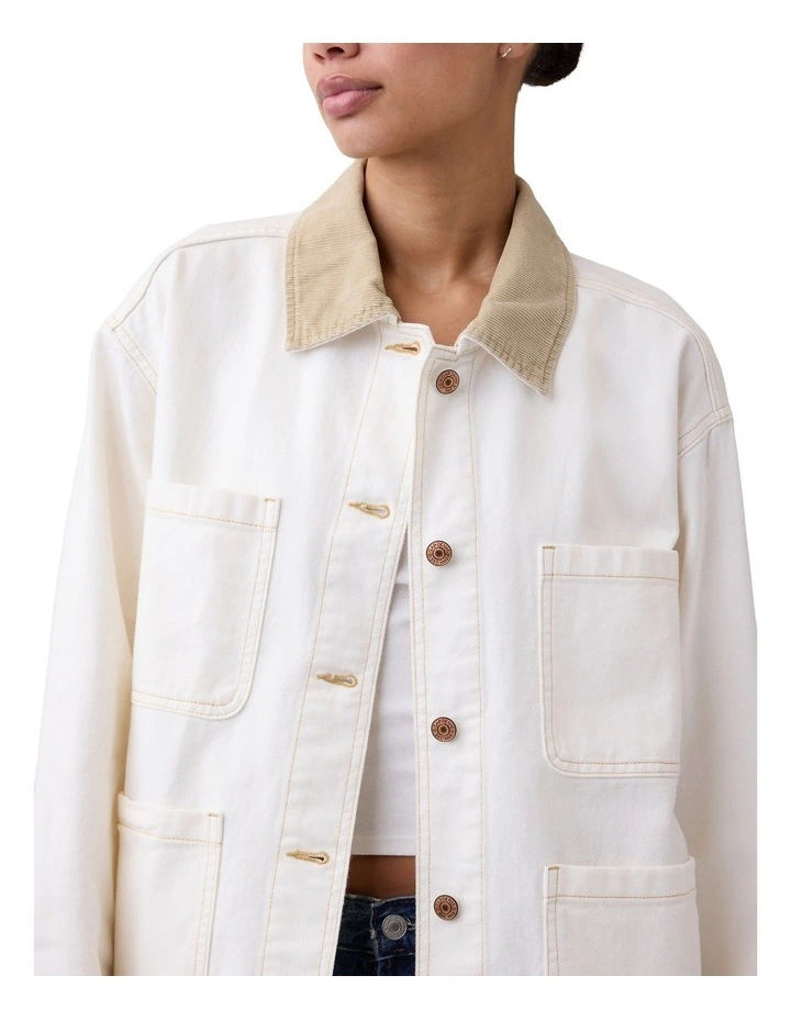 Relaxed Denim Chore Jacket in White image 4