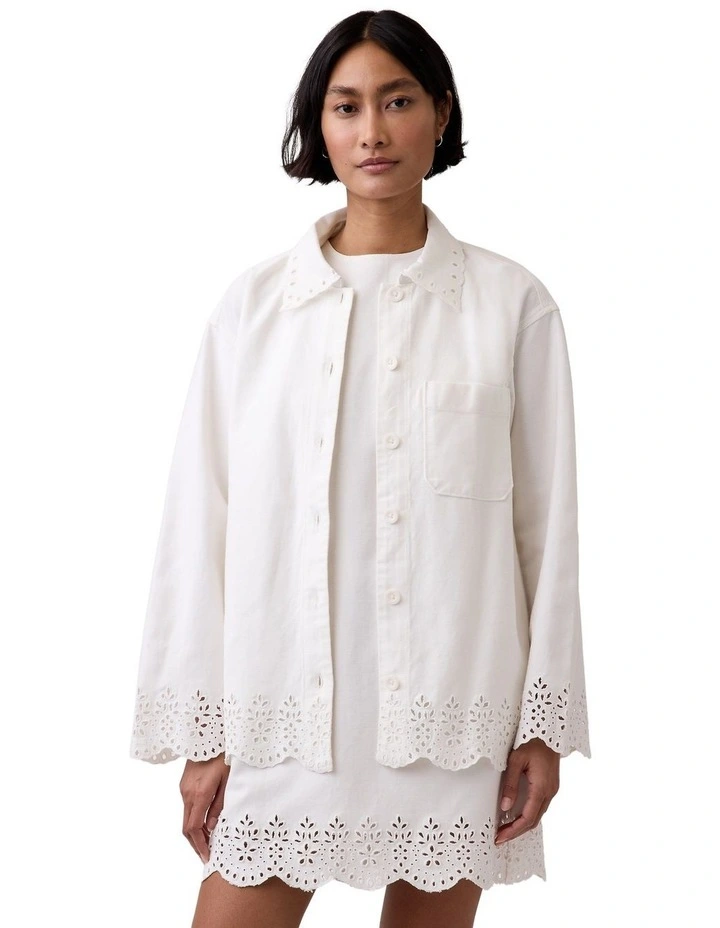 Eyelet Hem Relaxed Shirt Jacket in White image 1