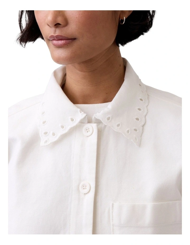 Eyelet Hem Relaxed Shirt Jacket in White image 3