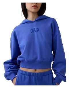 Vintage Soft Oversized Crop Logo Hoodie in Blue