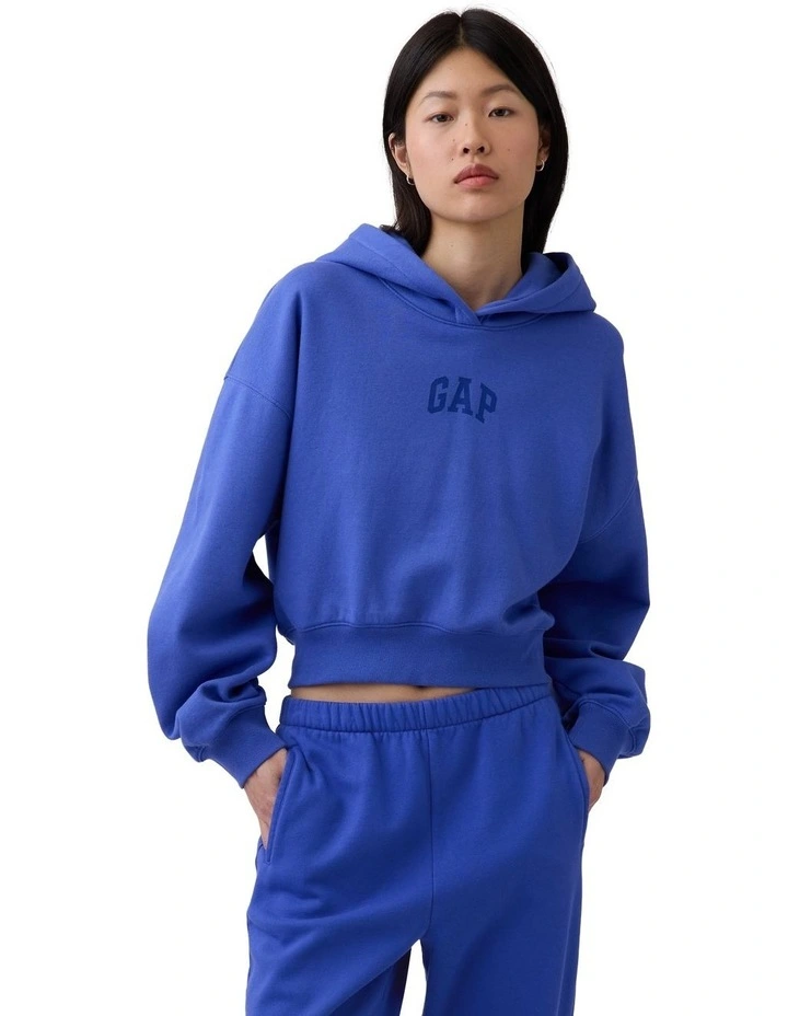 Vintage Soft Oversized Crop Logo Hoodie in Blue image 3