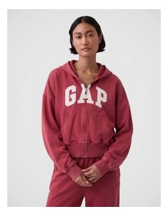 French Terry Oversized Logo Zip Hoodie in Red