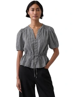 Elbow Sleeve Tie Waist Top in Black Gingham