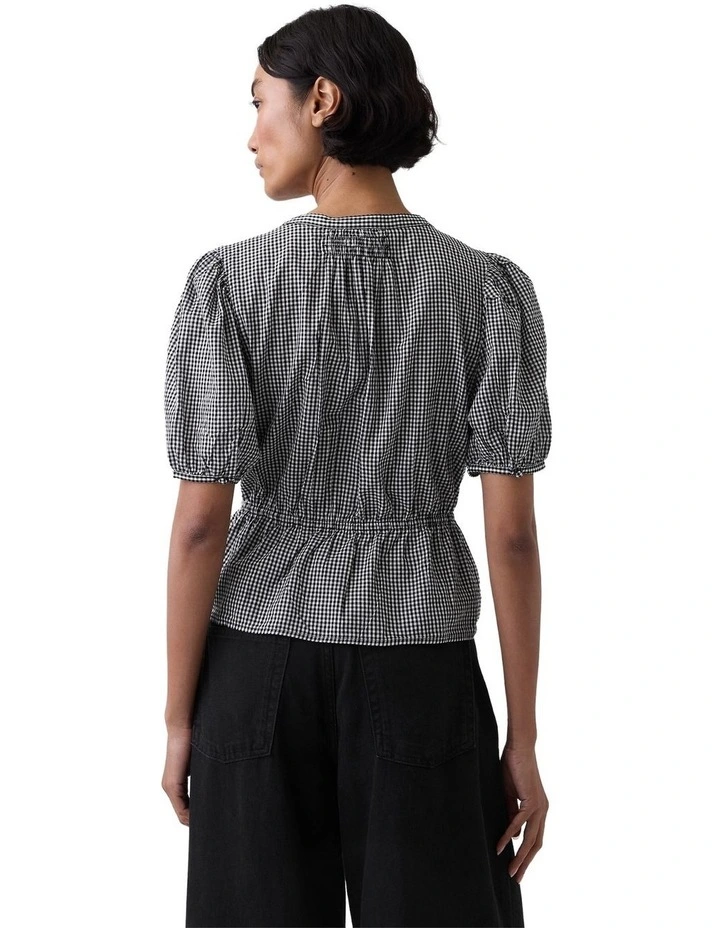 Elbow Sleeve Tie Waist Top in Black Gingham image 2