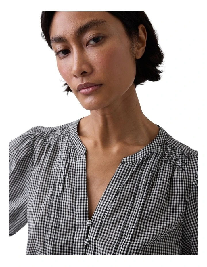 Elbow Sleeve Tie Waist Top in Black Gingham image 3