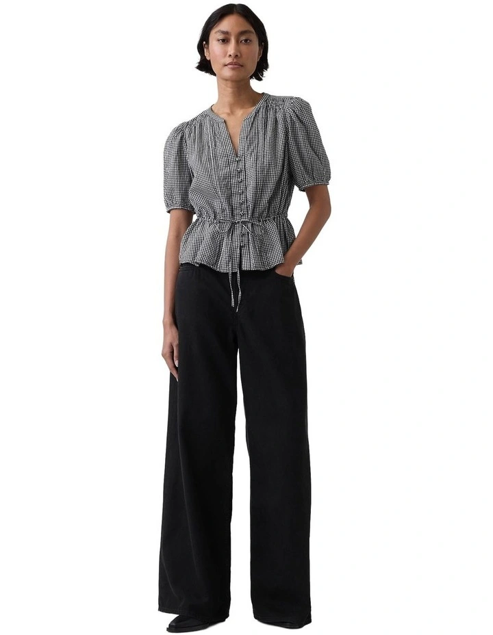 Elbow Sleeve Tie Waist Top in Black Gingham image 4