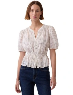 Elbow Sleeve Tie Waist Top in Cream