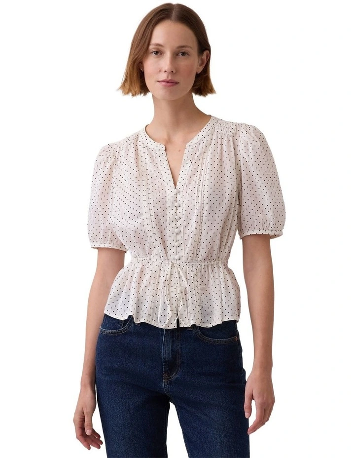 Elbow Sleeve Tie Waist Top in Cream image 1