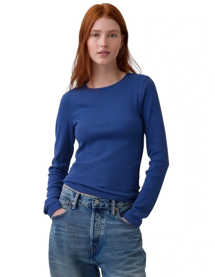 Long Sleeves Modal Ribbed Crew T-shirt 2x2 in Blue Track image 1