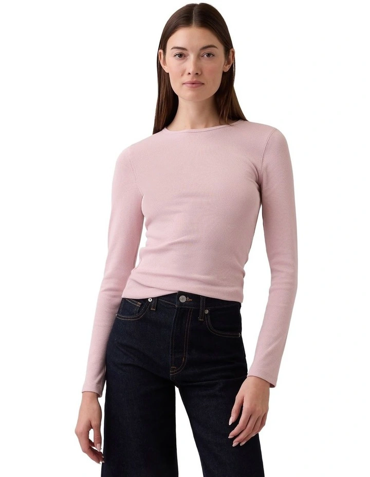 Long Sleeve Mod 2X2 Rib Crew Neck Top in Pink image 1