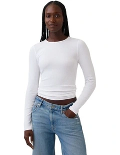 Long Sleeve Mod 2X2 Rib Crew Neck Top in White