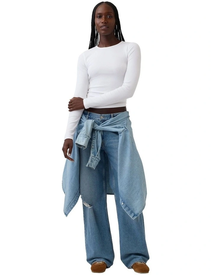 Long Sleeve Mod 2X2 Rib Crew Neck Top in White image 3