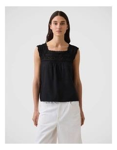 Linen-Blend Crochet Square-Neck Top in Black