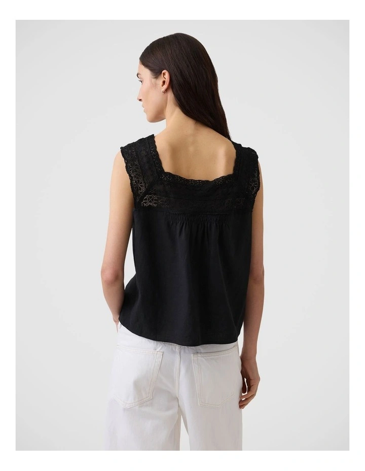 Linen-Blend Crochet Square-Neck Top in Black image 2
