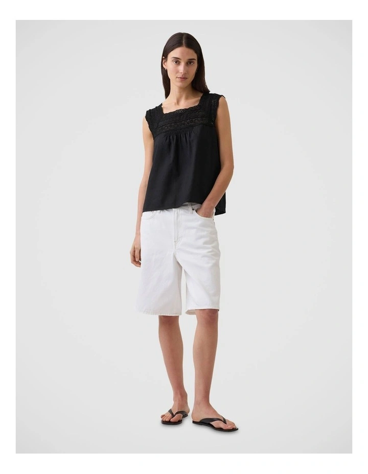 Linen-Blend Crochet Square-Neck Top in Black image 3