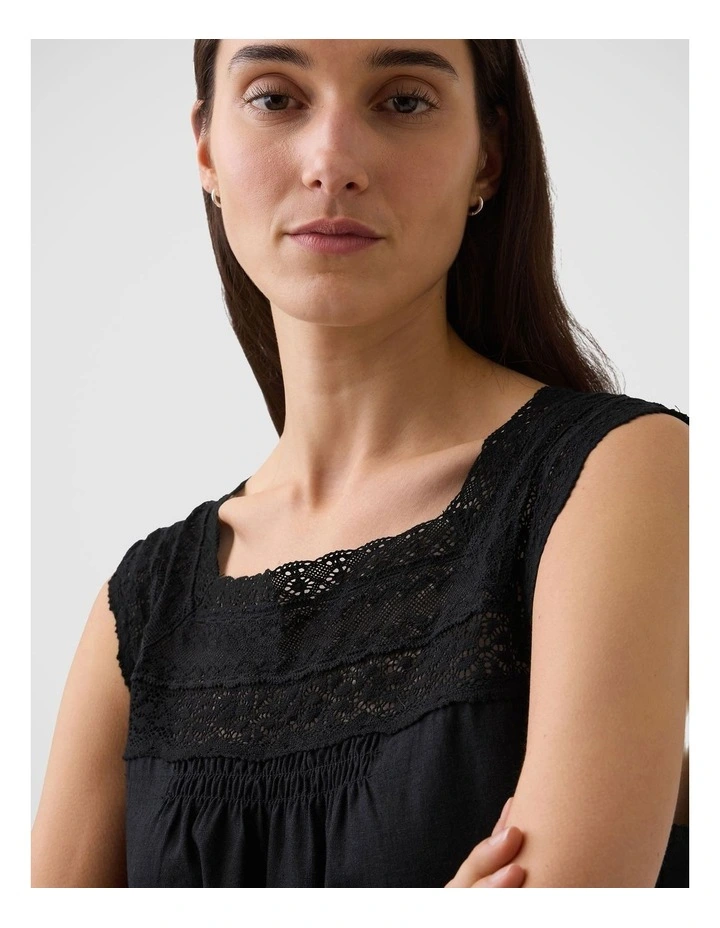 Linen-Blend Crochet Square-Neck Top in Black image 4