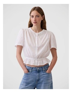 Button-Front Crop Peplum Top in Fresh White