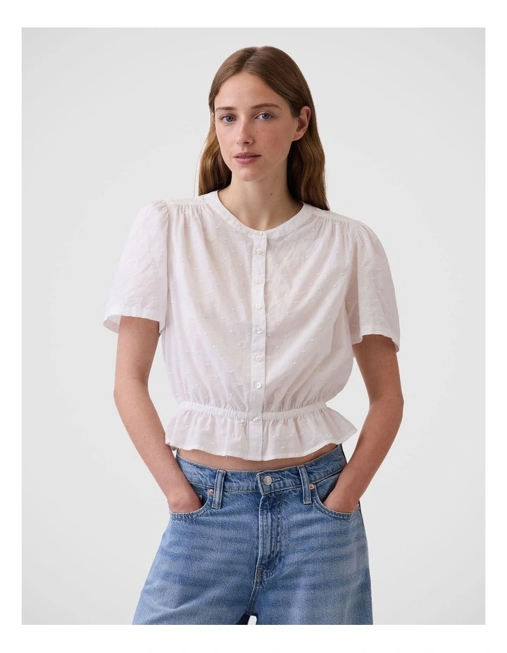 Button-Front Crop Peplum Top in Fresh White image 1