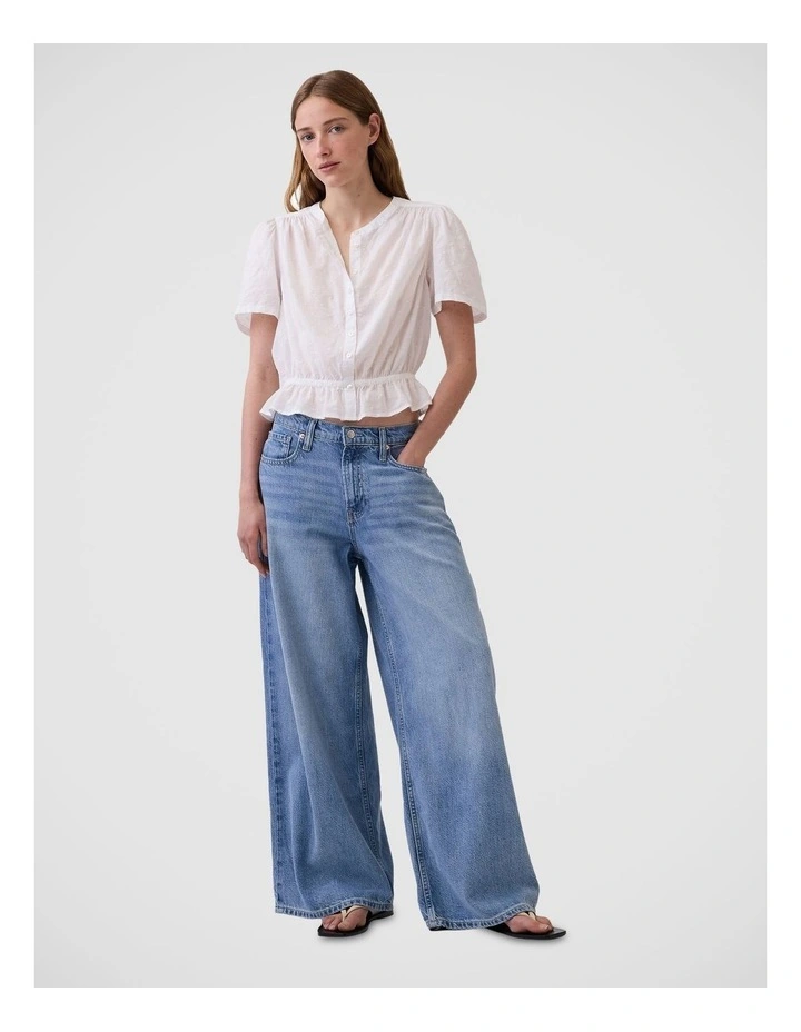 Button-Front Crop Peplum Top in Fresh White image 3