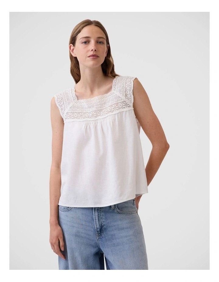 Linen-Blend Crochet Square-Neck Top in New Off White image 1