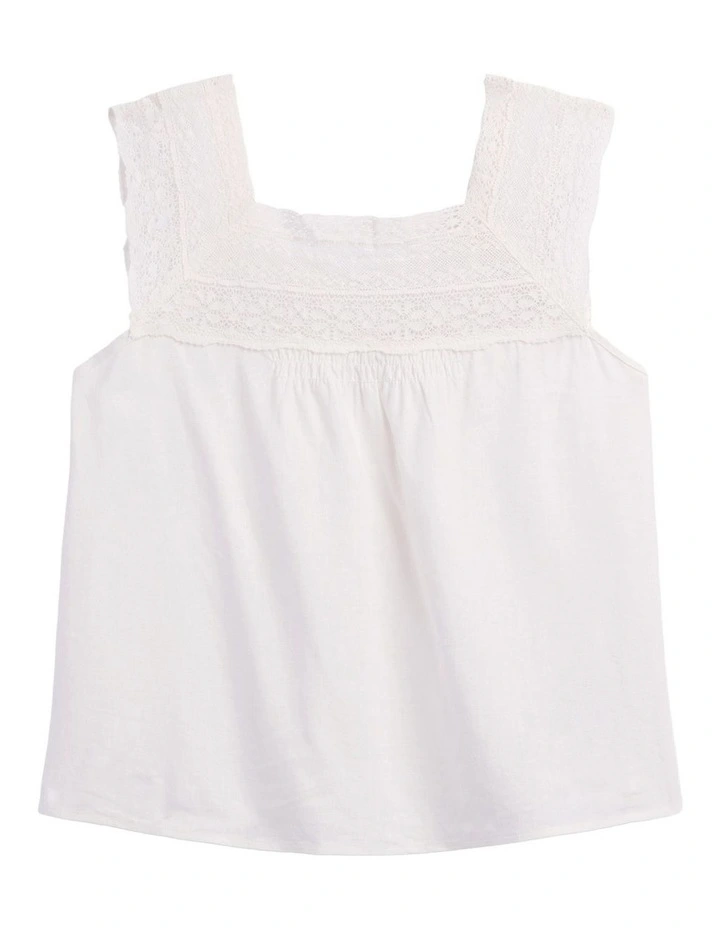 Linen-Blend Crochet Square-Neck Top in New Off White image 5