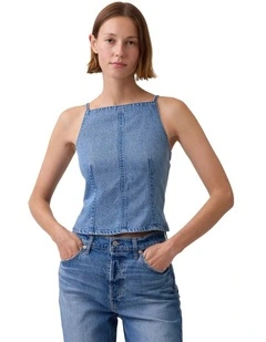UltraSoft Denim Seamed Square Neck Top in Blue