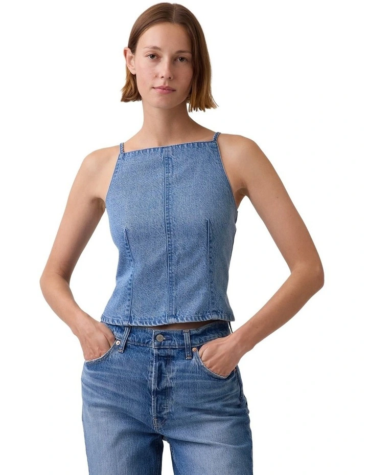 UltraSoft Denim Seamed Square Neck Top in Blue image 1
