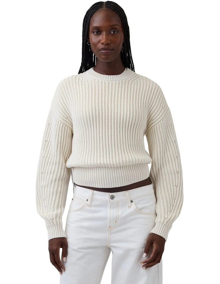 Cotton Plaited Barrel Po Sweater in Beige image 1
